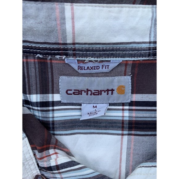 Carhartt Button Up Shirt Mens Medium Cream Brown Plaid Short Sleeve Relaxed Fit - Picture 4 of 10